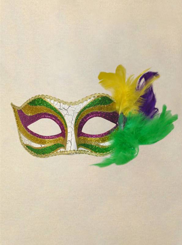 Glitter Mardi Gras Feather Mask Geometric: Gold