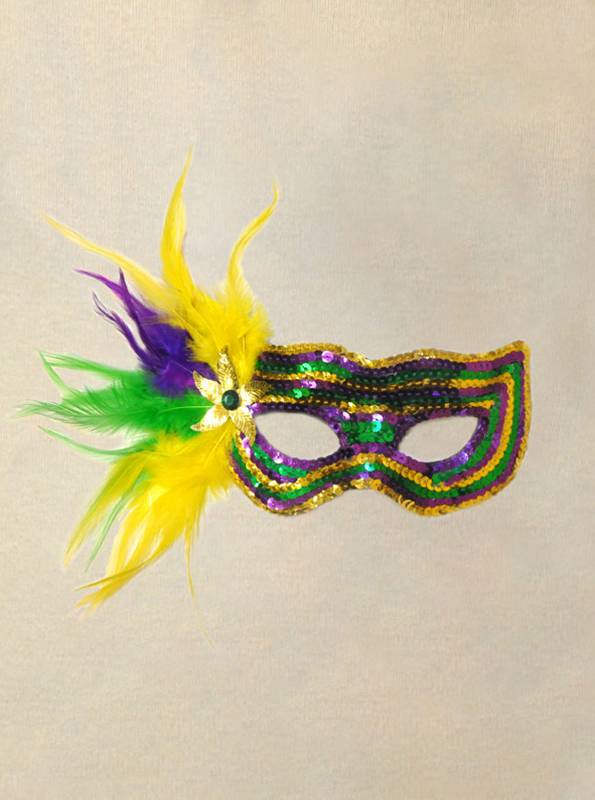 Gold Sequin Mask with Purple and Green Feathers and Elastic Band (Each – Mardi  Gras Spot