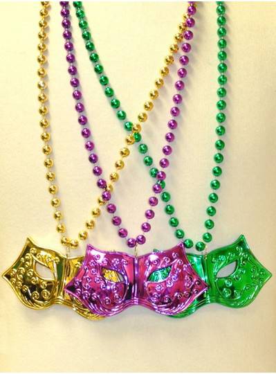 36" 10MM Mardi Gras Themed Purple, Green and Gold Mask and Metallic Bead