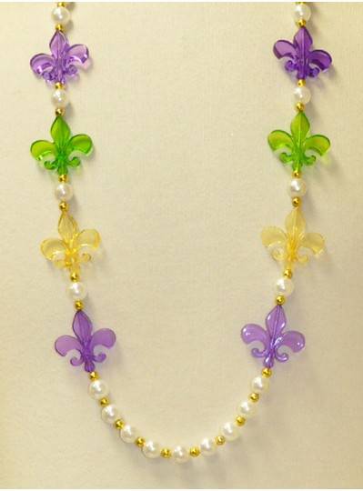 40" 12MM Mardi Gras Themes - PGG Fleur de Lis and Pearl Handstrung Bead with Gold Spacers