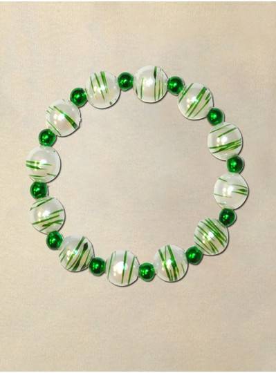 8" 12MM Theme Bracelets Green and White Stripe w/ Green Metallic Spacers