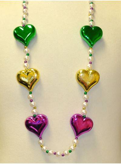 44" White Pearls with 6 Large Purple, Green and Gold Hearts and Spacers