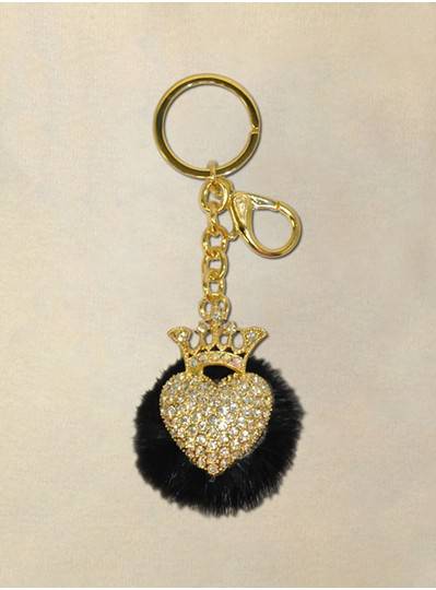 Gold Crown Heart Keychain With Rhinestones and Black Fur