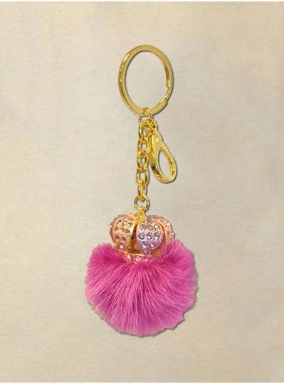Gold & Pink Crown Keychain With Rhinestones & Pink Fur 