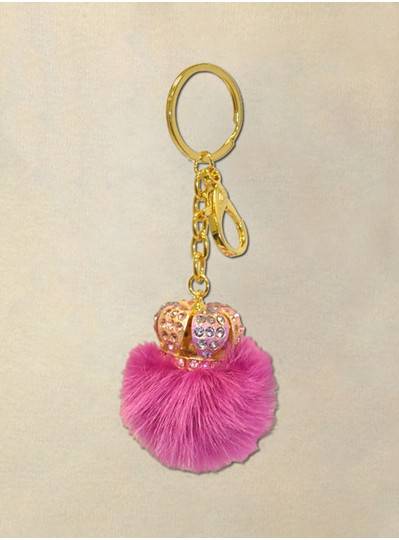 Gold & Pink Crown Keychain With Rhinestones & Pink Fur 