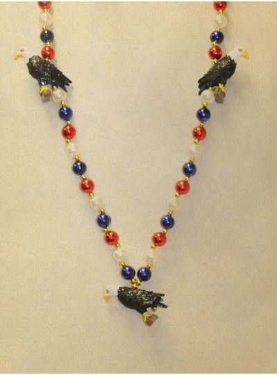 40" Red, White and Blue Beaded Necklace With 3 Eagles