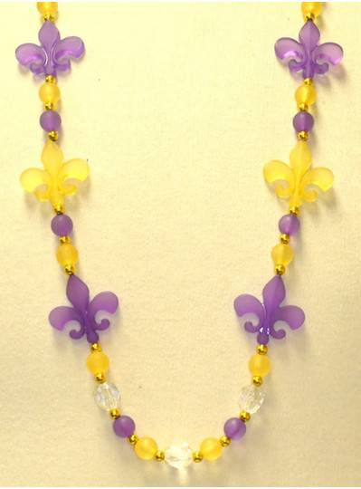 38" 12MM Purple and Gold Frosted Fleur De Lis Beads Mardi Gras Beads