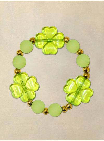 8" Elastic Bracelet with 3 Green Clover, Frosted Green Beads and Gold Spacers