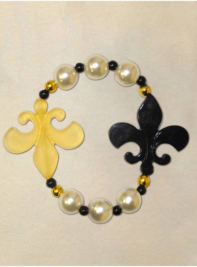 8" Elastic Bracelet with Black and Gold Fleur De Lis, Pearl Beads and Black and Gold Spacers