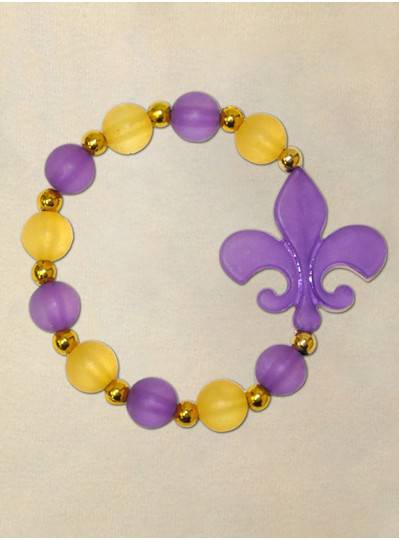 8" Elastic Bracelet with Frosted Purple Fleur De Lis, Frosted Purple and Yellow Beads with Gold Spacers 