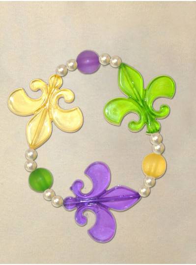 8" Elastic Bracelet with Purple, Green and Gold Fleur De Lis, and Pearl Beads Spacers