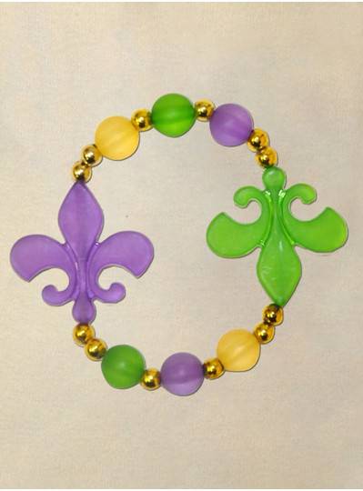 8" Elastic Bracelet with Frosted Purple and Green Fleur De Lis, with Gold Spacers 