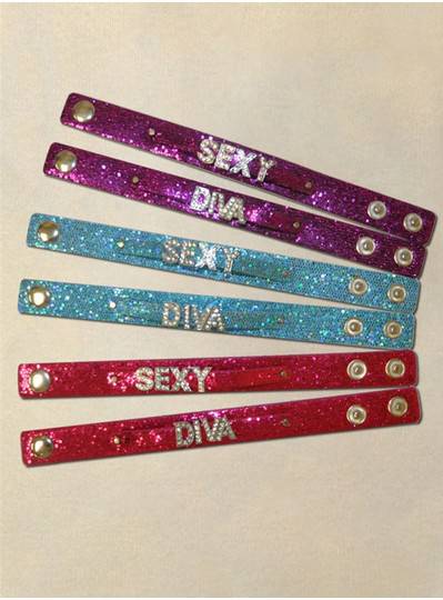 Diva and Sexy Letters on Purple, Hot Pink and Blue Sequin Bracelets