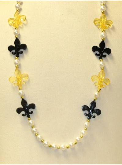 40" 12MM Mardi Gras Themes - White Pearls with 8 Black & Gold Fleur De Lis