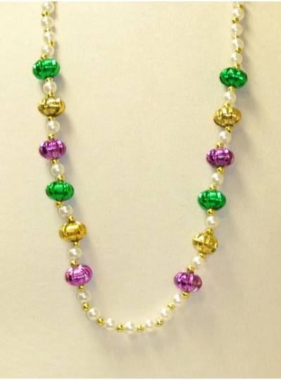 36" 10 White Pearl  With 12 Purple, Green and Gold Pumpkins and Gold Spacer Beads