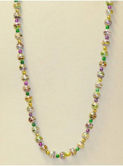 39" 12 White with Purple, Green and Gold Stripes and Spacer Beads