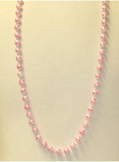 42" 12MM  White Pearl with Pink Stripes Mardi Gras Beads