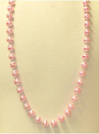 42" 16MM  White Pearl with Pink Stripes Mardi Gras Beads