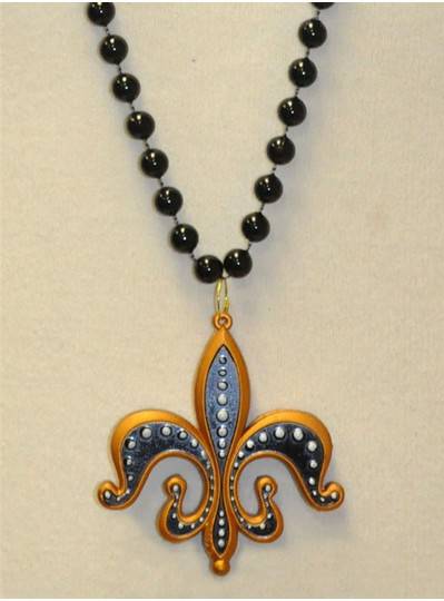 39" 10MM New Orleans Fleur De Lis Medallion on Black Bead 