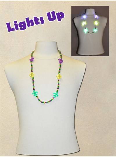 33" Purple, Green and Gold Beads and Fleur De Lis with Six Flashing Lights 