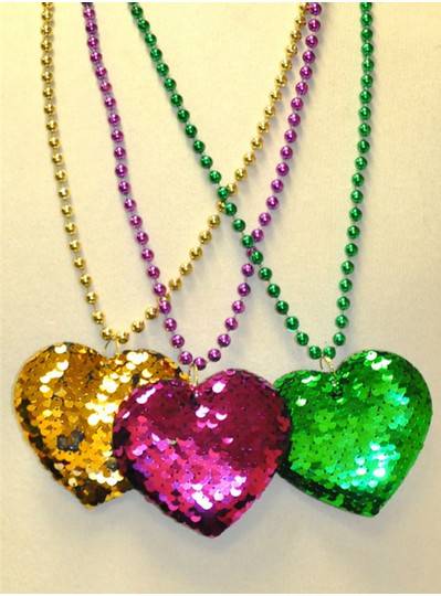 33" 7MM Purple, Green & Gold Sequin Hearts on Matching Metallic Beads