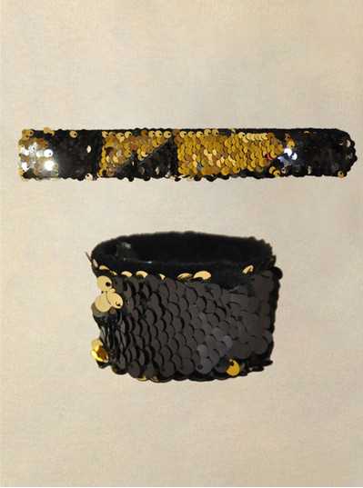 Fun Accessories - Black & Gold Sequin Slap Bracelet