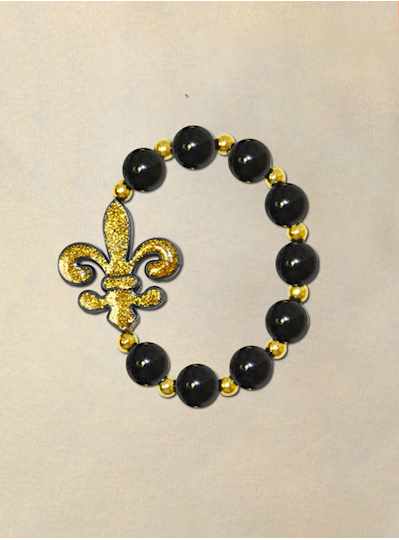 8" Elastic Bracelet with Black and Gold Fleur De L