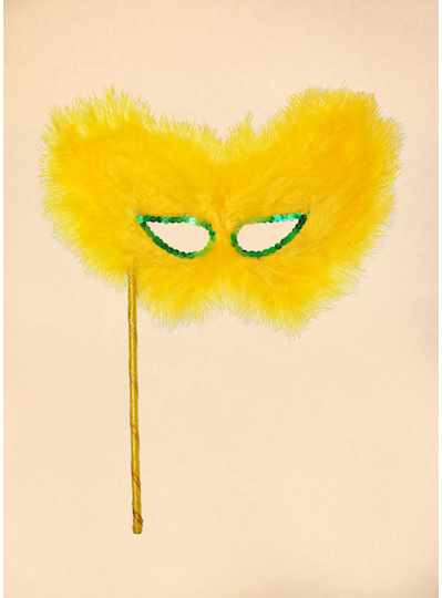 Purple, green and gold feathered mask on a stick w
