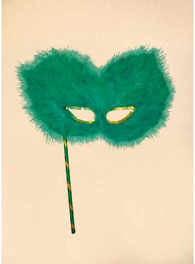 Green feathered mask on a stick with green sequins