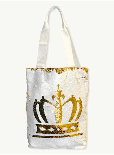 Crown White & Gold Sequin Zipper Tote