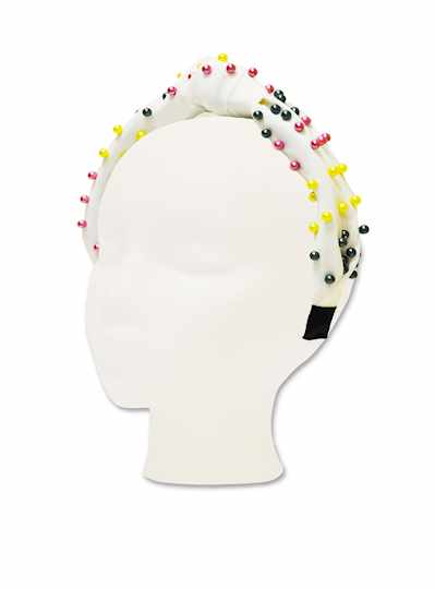White Headband with Purple, Green and Gold Beads -