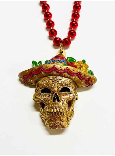 36" 10MM Red Beads with Day of The Dead Filigree S