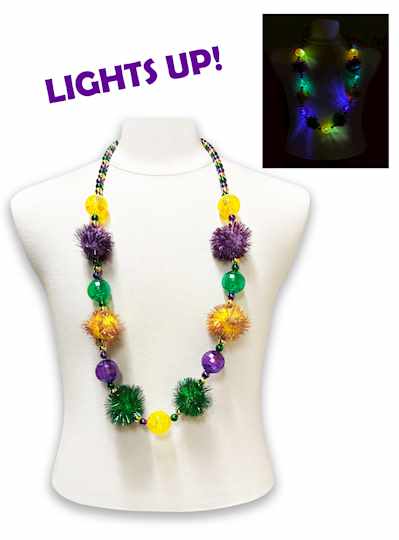 Blinking Purple, Green & Gold Tinsel Ball Necklace