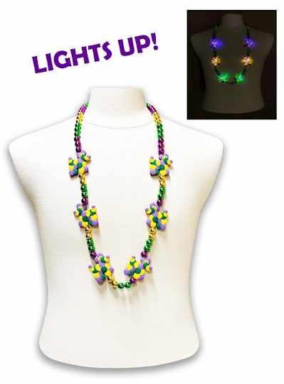 38" 12MM Purple, Green & Gold Beads with 6 LED Bea