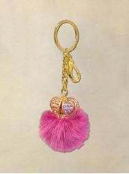 Gold & Pink Crown Keychain With Rhinestones & Pink Fur