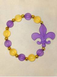 8" Elastic Bracelet with Frosted Purple Fleur De Lis, Frosted Purple and Yellow Beads with Gold Spacers
