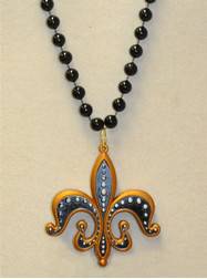 39" 10MM New Orleans Fleur De Lis Medallion on Black Bead