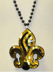 36" 10MM Black & Gold Sequin Fleur De Lis on Black Bead
