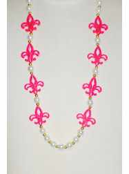 38" Hand Strung Eight Pink Fleur de Lis on White P